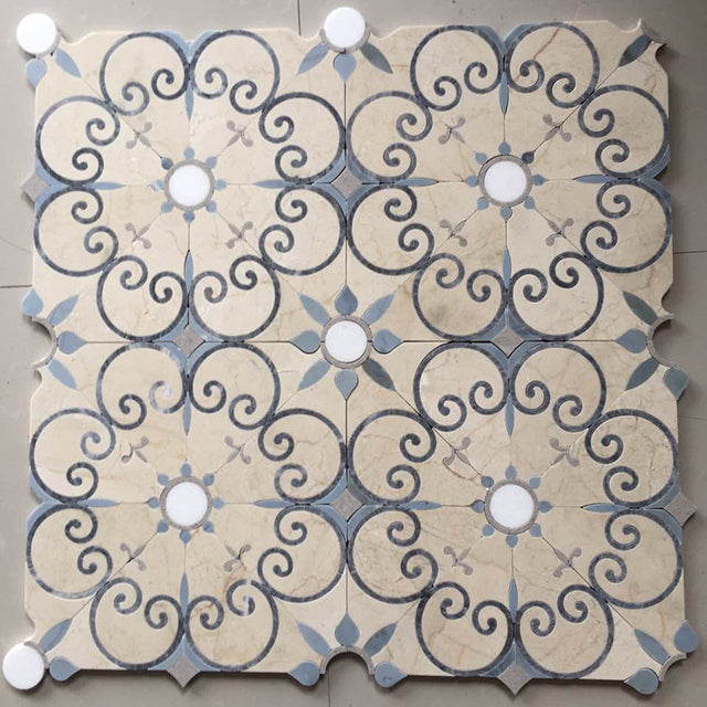 Original product photo — Blue, Cream and White Floral Waterjet Marble Mosaic — reference 23026 — view 1