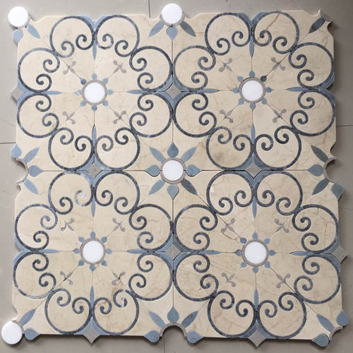 Original product photo — Blue, Cream and White Floral Waterjet Marble Mosaic — reference 23026 — view 1