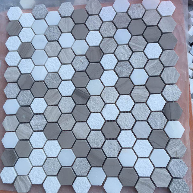 Original product photo — White, Grey and Black Hexagon Natural Marble Mosaic — reference 23035 — view 1