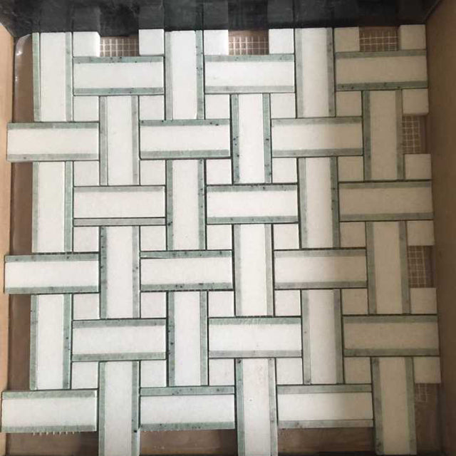 Original product photo — White, Grey and Green Basketweave Natural Marble Mosaic — reference 23042 — view 1