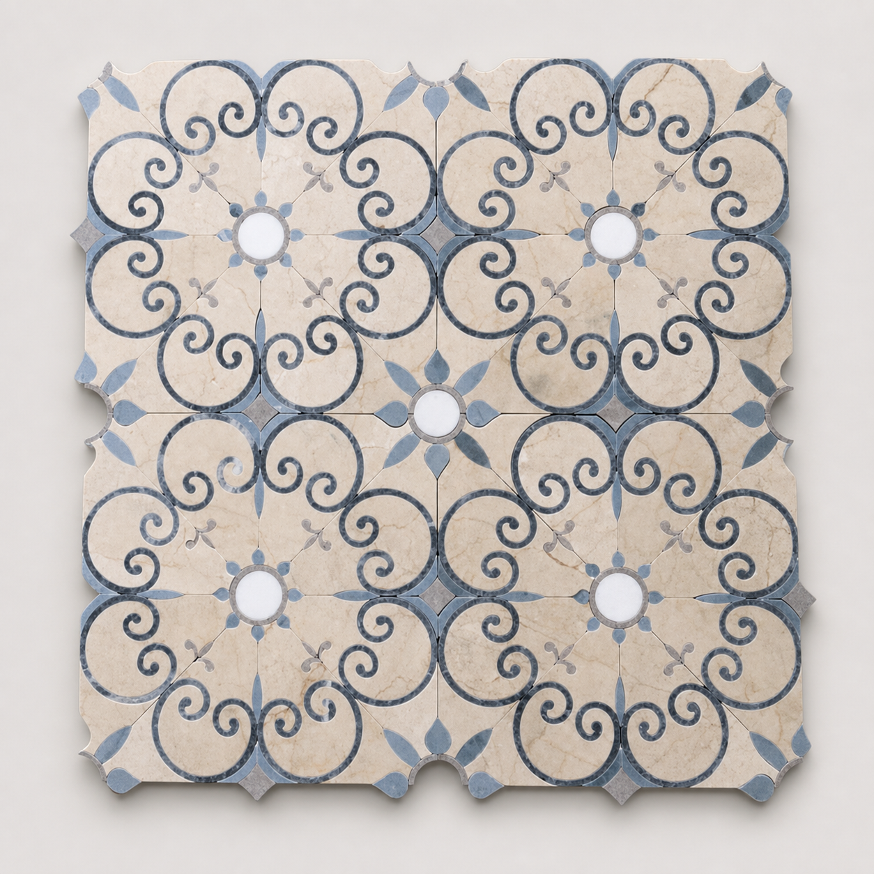 Catalog visualisation — blue, cream and white floral waterjet marble mosaic; approved sample controls final pattern and colour
