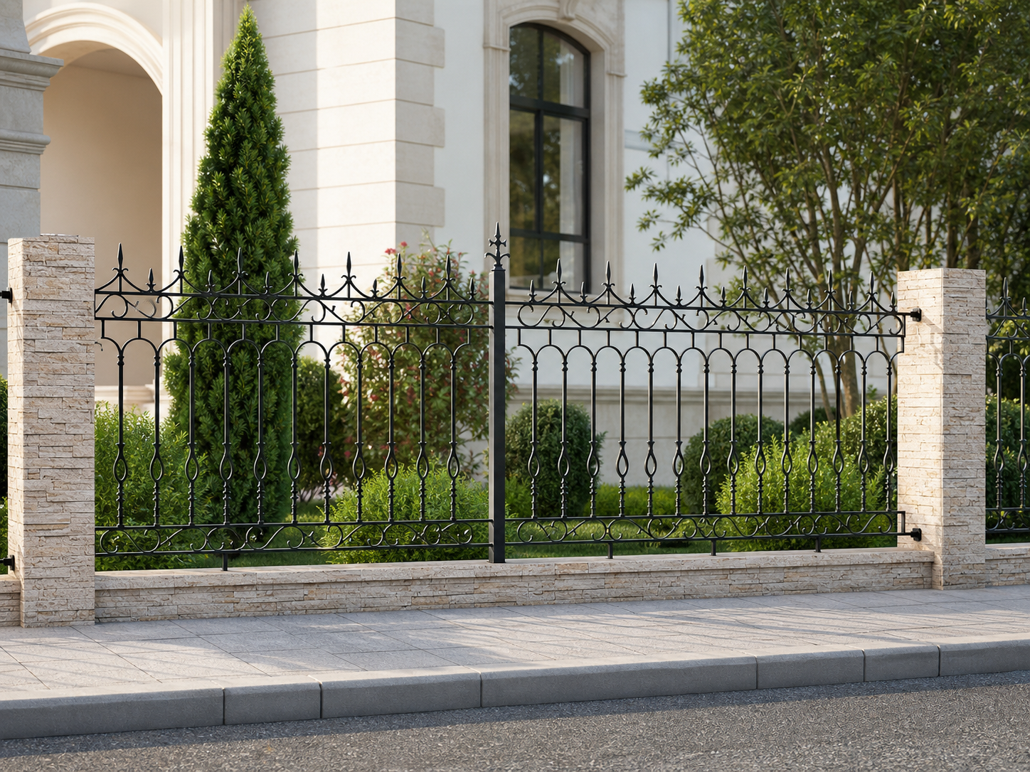 Application visualisation — Ornamental Steel Fence Panel – Arched Scrollwork and Spear Finials; original product photo and approved sample control