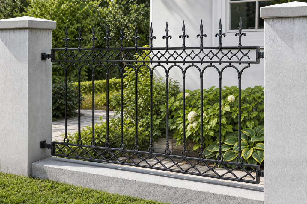 Application visualisation — Spear-Top Ornamental Steel Fence Panel – Arched Scrollwork; original product photo and approved sample control