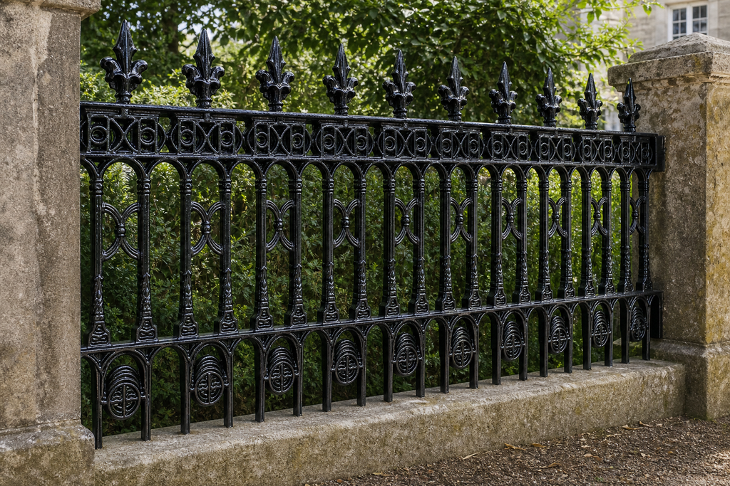 Application visualisation — Ornamental Steel Fence Panel – Fleur-de-Lis Scrollwork; original product photo and approved sample control