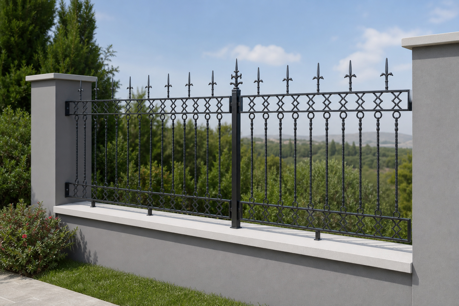 Application visualisation — Ornamental Steel Fence Panel – Diamond Scrollwork; original product photo and approved sample control