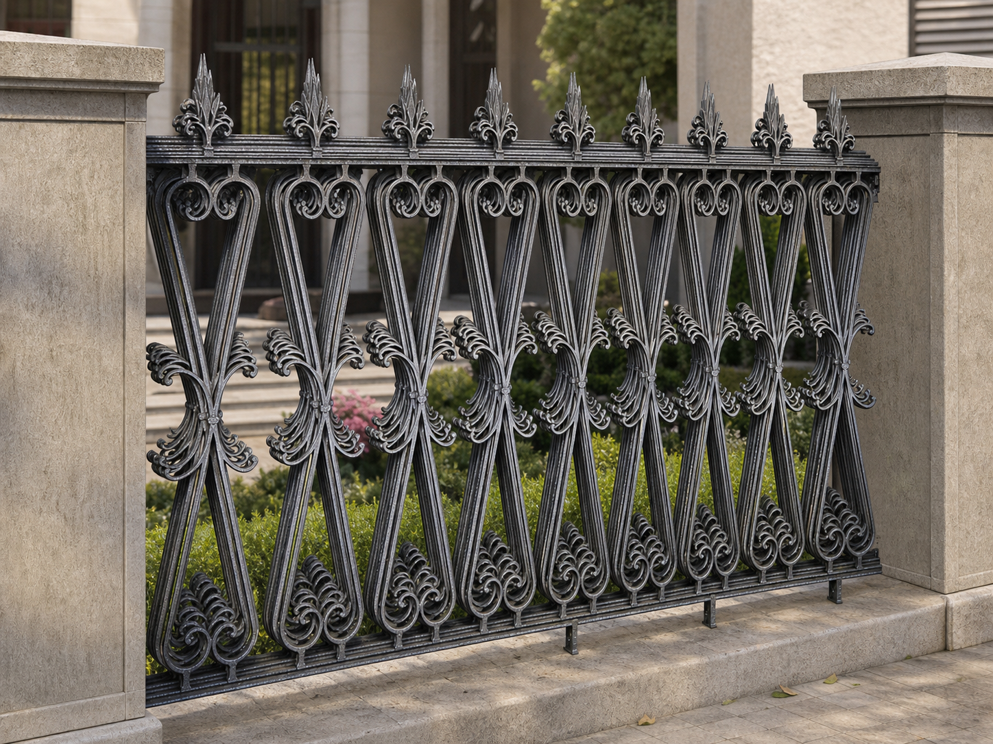 Application visualisation — Ornamental Steel Fence Panel – Butterfly Scroll Design; original product photo and approved sample control