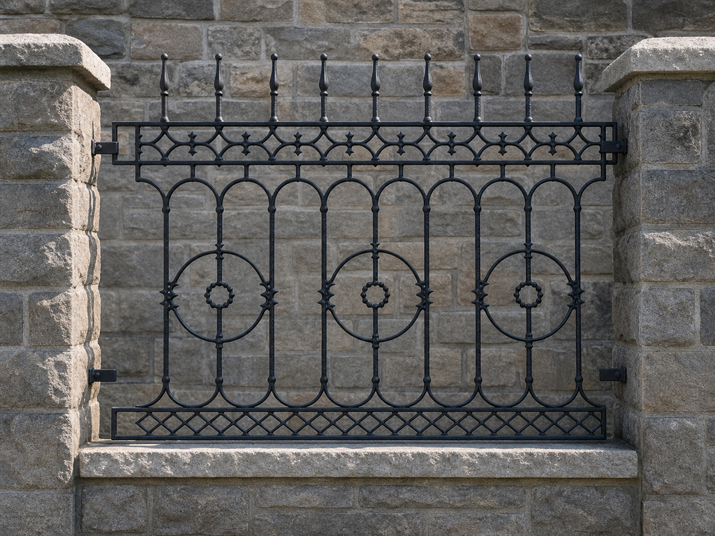 Application visualisation — Ornamental Steel Fence Panel – Circular Medallion Design; original product photo and approved sample control