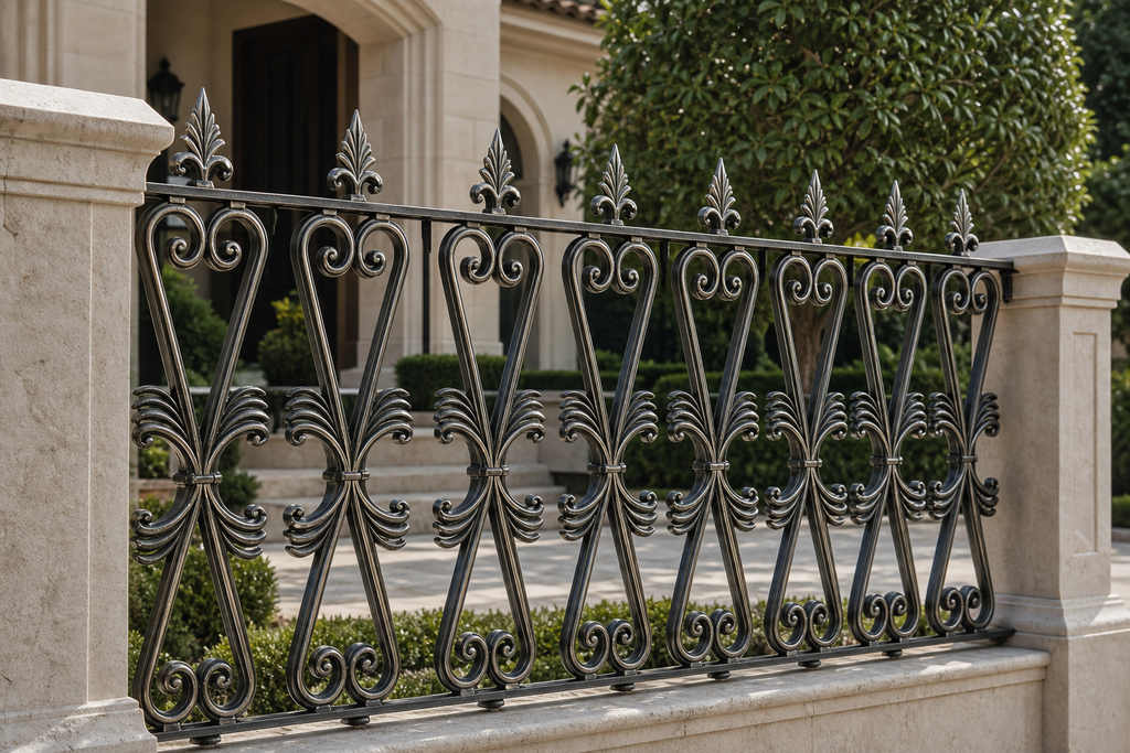 Application visualisation — Ornamental Steel Fence Panel – Double-Scroll Design; original product photo and approved sample control