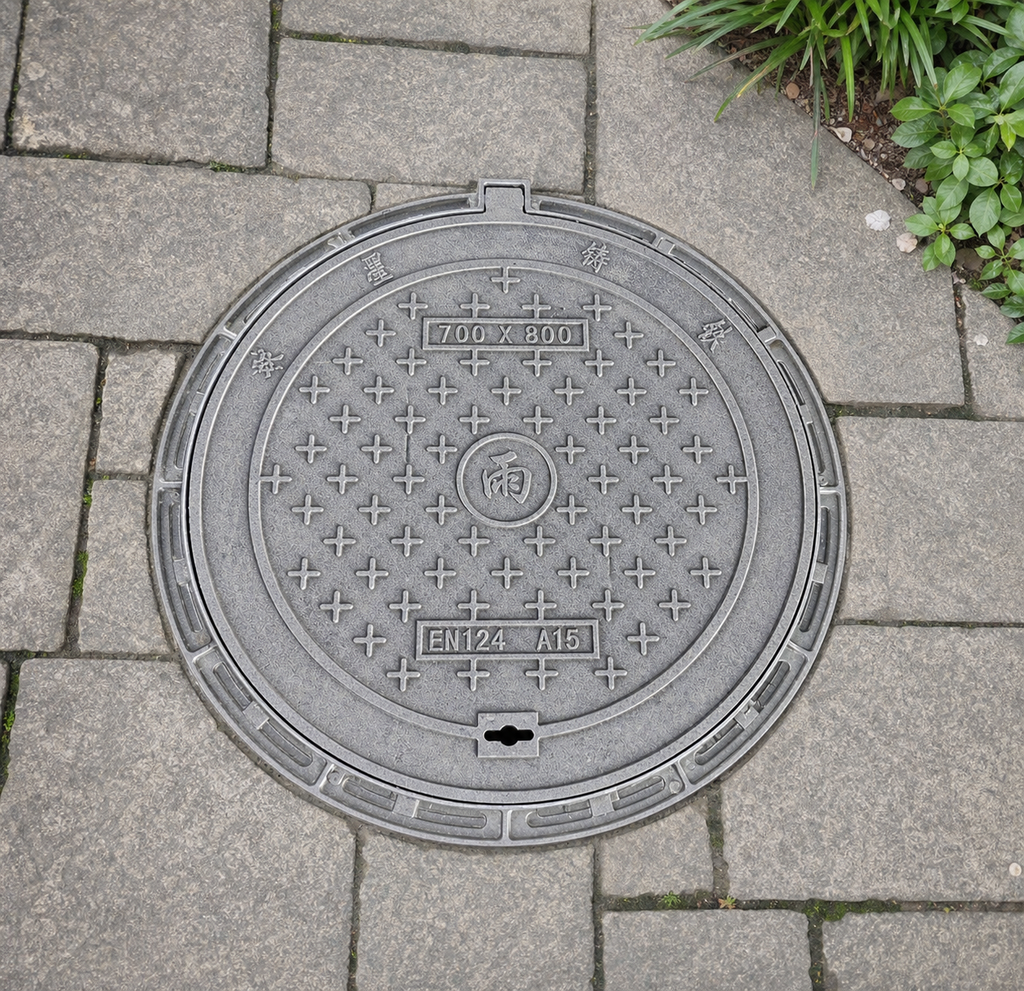 Application visualisation — EN 124 A15-Marked Round Cast Iron Manhole Cover and Frame; original product photo and approved sample control