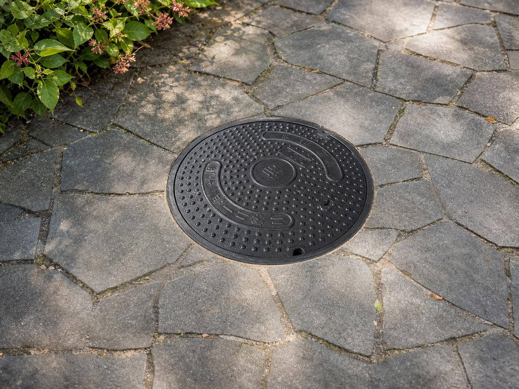 Application visualisation — Round Cast Iron Manhole Cover and Frame – Raised Anti-Slip Pattern; original product photo and approved sample control