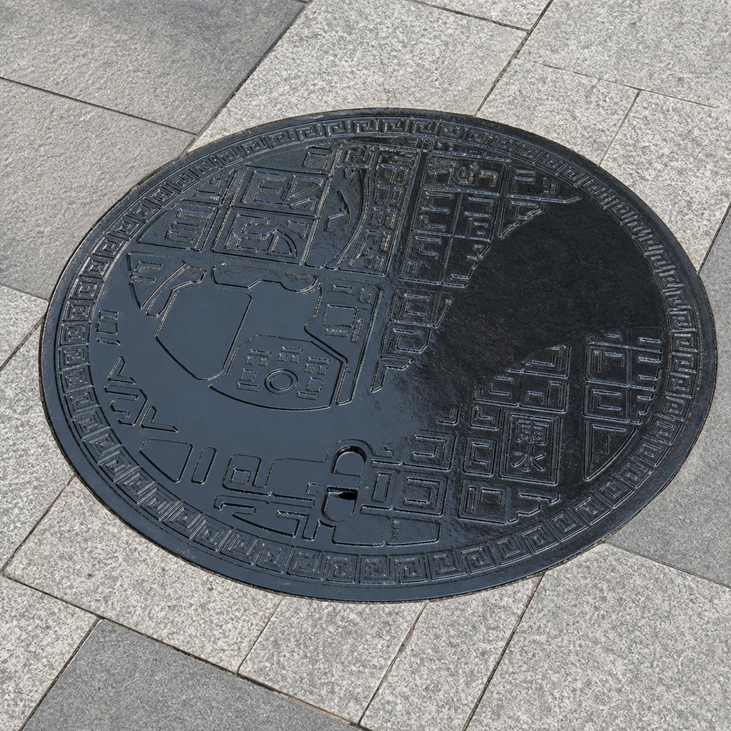Application visualisation — Square-Frame Round Cast Iron Manhole Cover – Decorative Map Pattern; original product photo and approved sample control