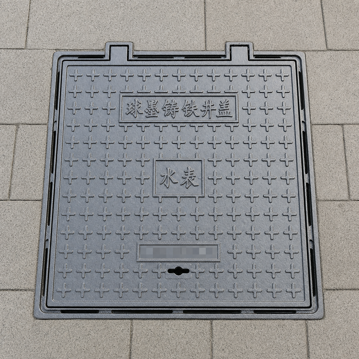 Application visualisation — Rectangular Cast Iron Utility Access Cover and Frame – Raised Plus Pattern; original product photo and approved sample control