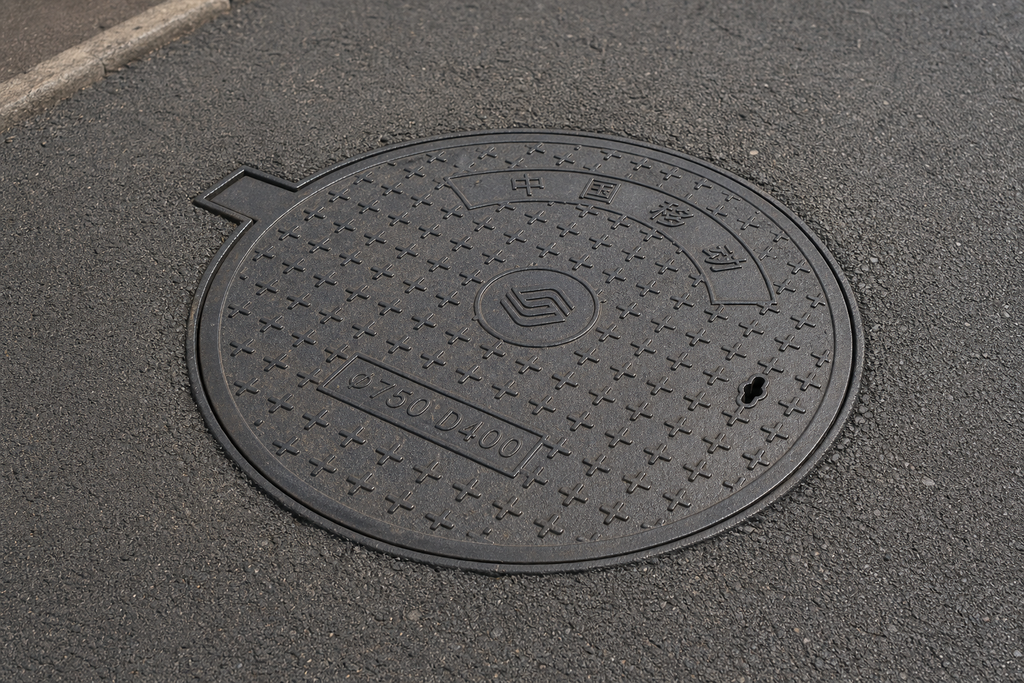 Application visualisation — EN 124 D400-Marked 750 mm Round Cast Iron Manhole Cover and Frame; original product photo and approved sample control