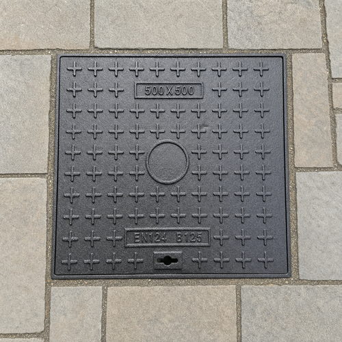 Application visualisation — EN 124 B125-Marked 500 × 500 mm Cast Iron Access Cover and Frame; original product photo and approved sample control
