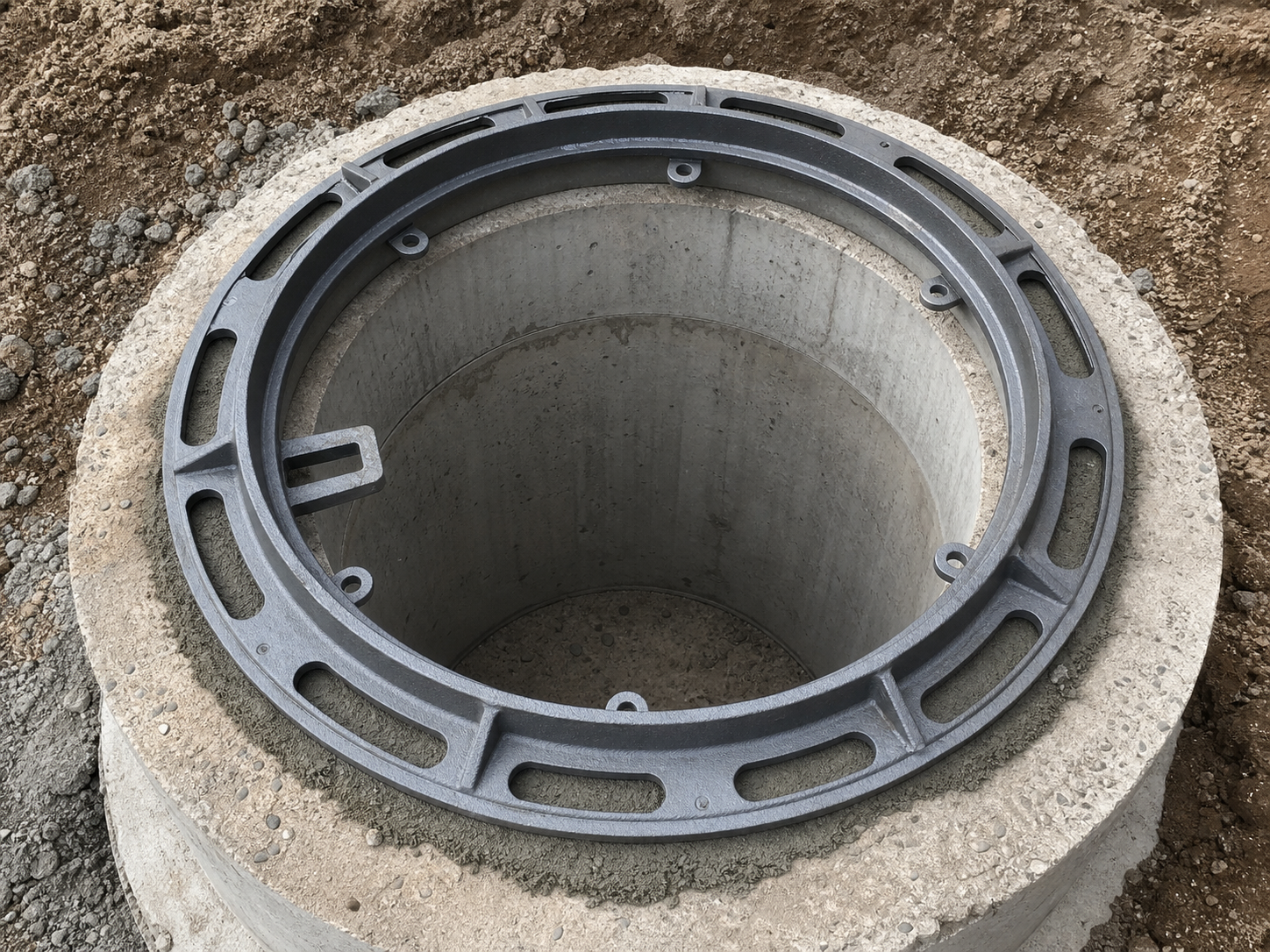 Application visualisation — Round Cast Iron Manhole Frame with Anchoring Lugs; original product photo and approved sample control