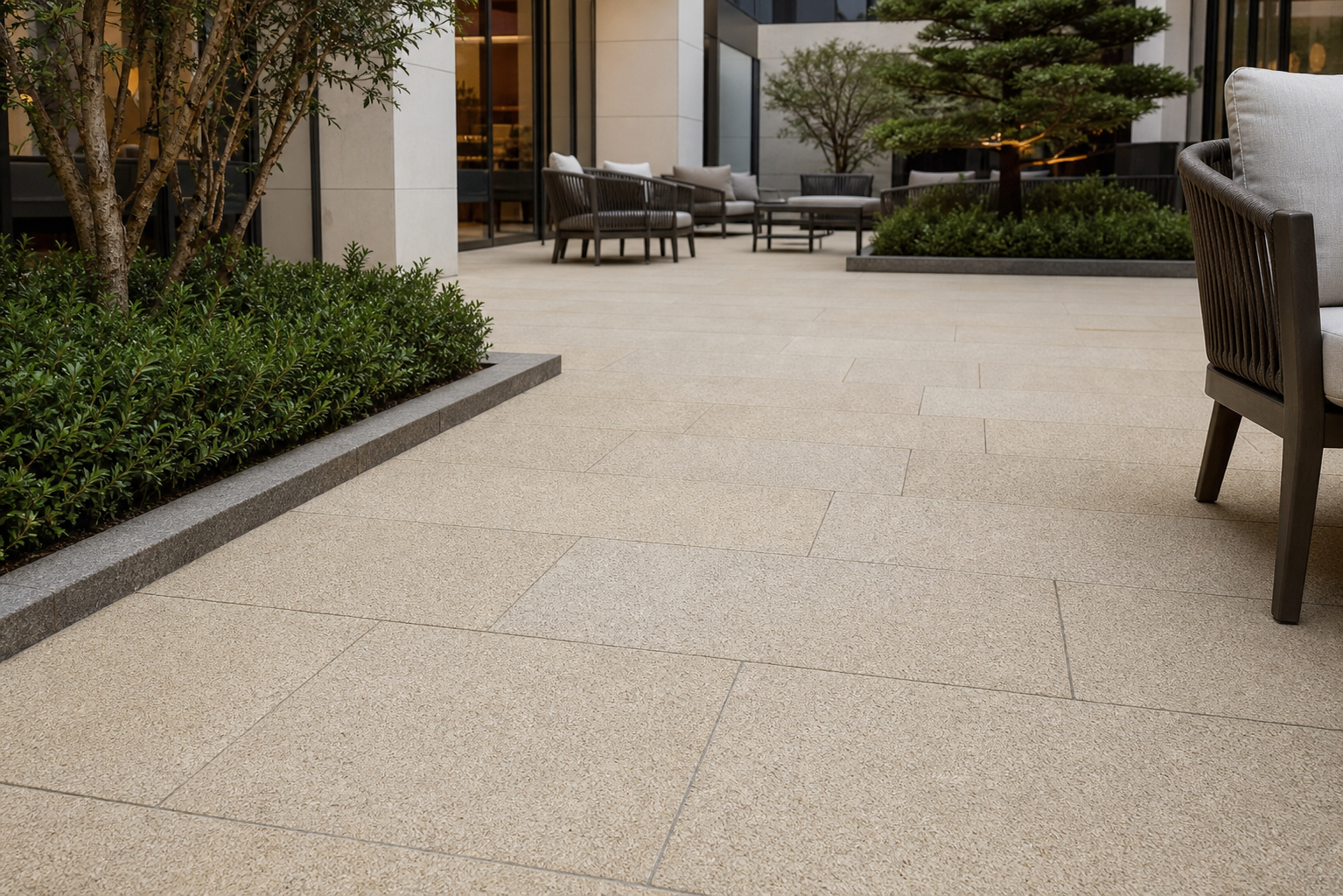 Application visualisation — Bush-Hammered Golden Yellow Natural Granite Paving Stone; original product photo and approved sample control