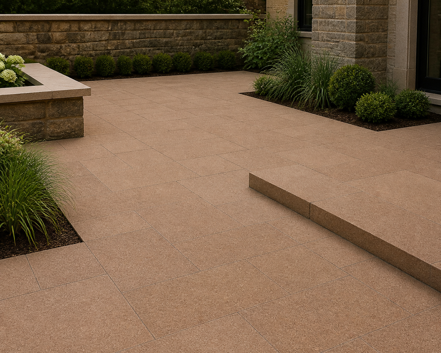 Application visualisation — Bush-Hammered Guifei Red Natural Granite Paving Stone; original product photo and approved sample control
