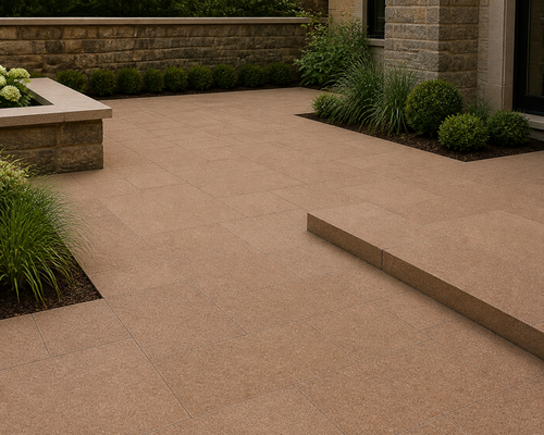 Application visualisation — Bush-Hammered Guifei Red Natural Granite Paving Stone; original product photo and approved sample control