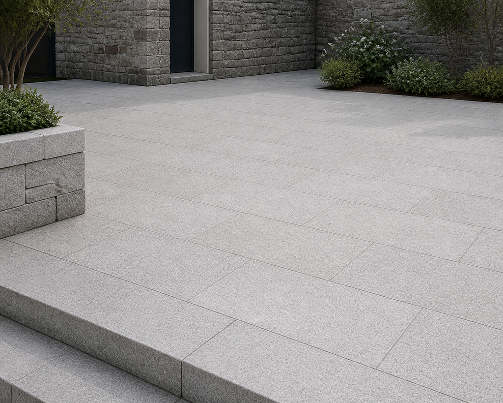 Application visualisation — Bush-Hammered Sesame White Natural Granite Paving Stone – Ref. 22644; original product photo and approved sample control