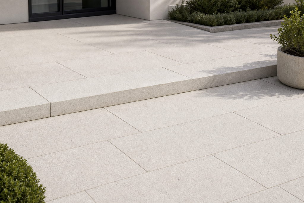 Application visualisation — Bush-Hammered White Natural Granite Paving Stone; original product photo and approved sample control