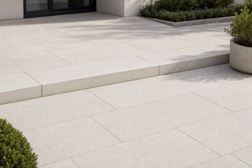 Application visualisation — Bush-Hammered White Natural Granite Paving Stone; original product photo and approved sample control