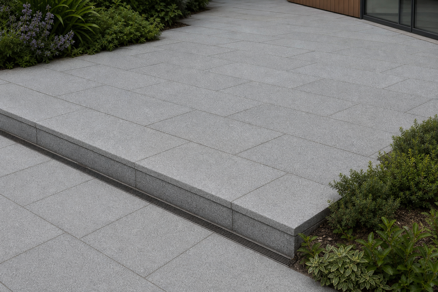 Application visualisation — Bush-Hammered Sesame Grey Natural Granite Paving Stone – Ref. 22663; original product photo and approved sample control
