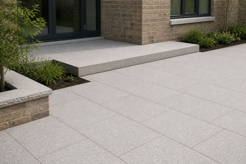 Application visualisation — Bush-Hammered Sesame White Natural Granite Paving Stone – Ref. 22685; original product photo and approved sample control