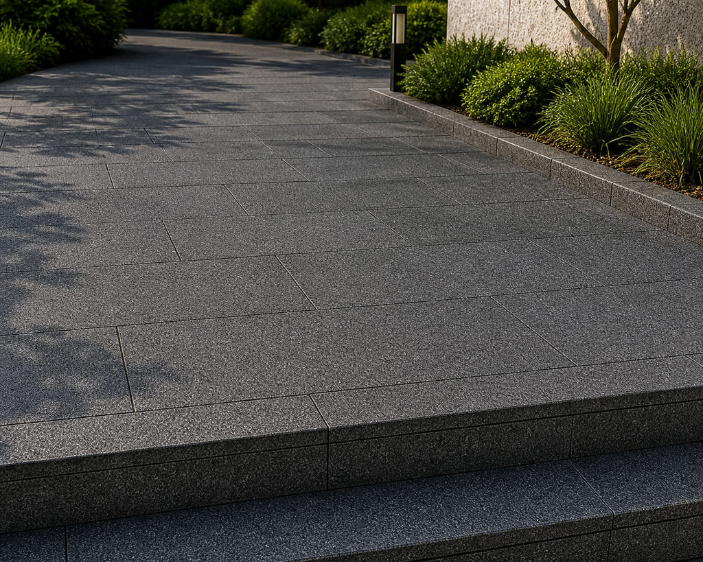 Application visualisation — Bush-Hammered Sesame Black Natural Granite Paving Stone; original product photo and approved sample control