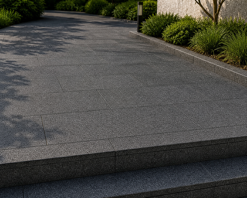 Application visualisation — Bush-Hammered Sesame Black Natural Granite Paving Stone; original product photo and approved sample control