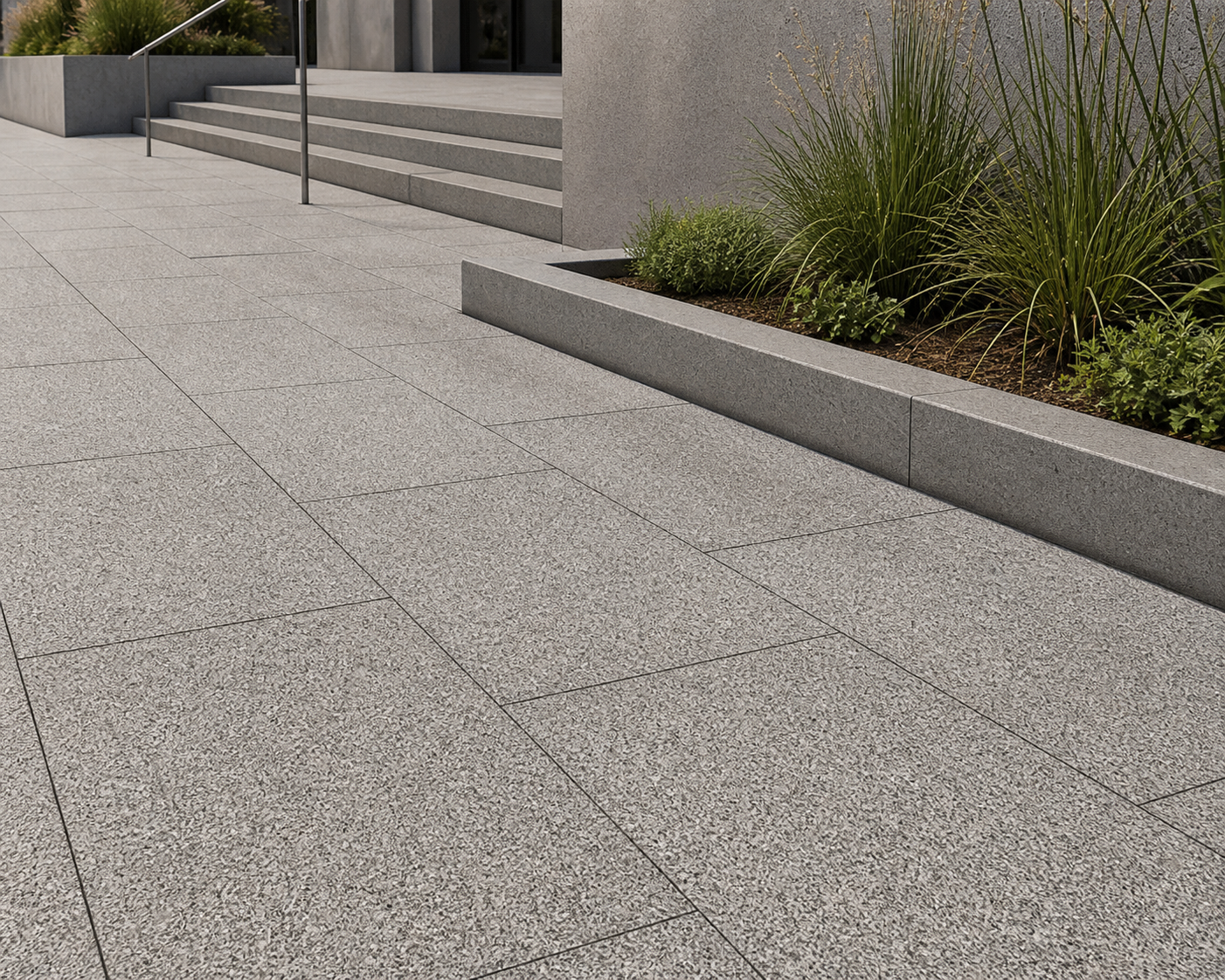Application visualisation — Flamed Sesame Grey Natural Granite Paving Stone – Ref. 22705; original product photo and approved sample control