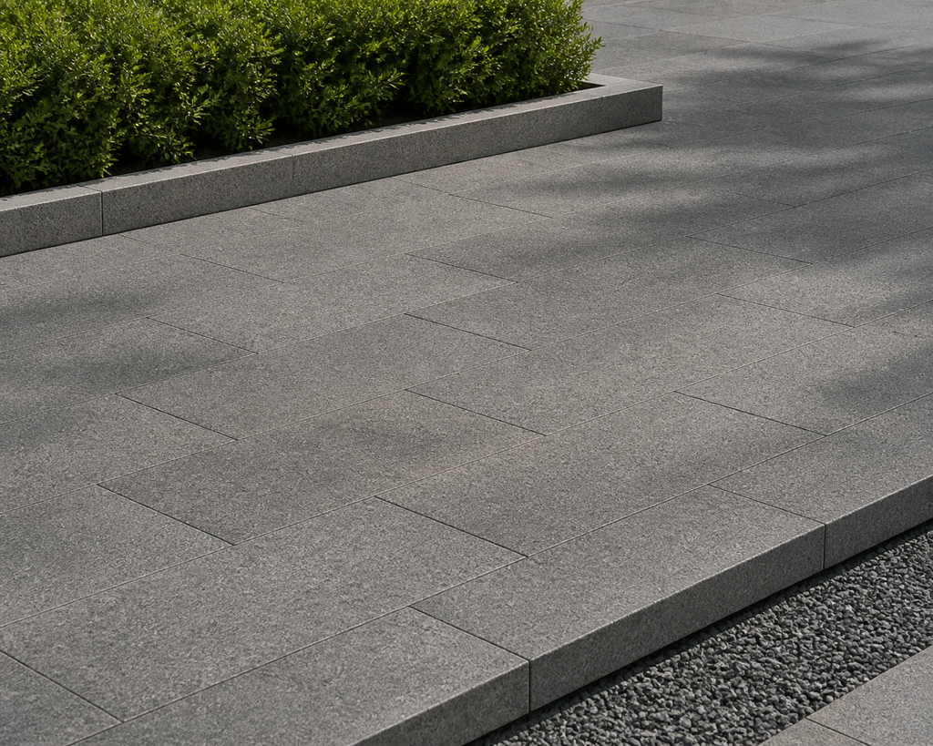 Application visualisation — Flamed Fuding Black (G684) Natural Stone Paving; original product photo and approved sample control