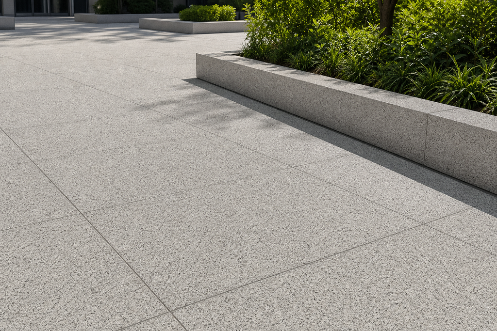 Application visualisation — Flamed Sesame White Natural Granite Paving Stone – Ref. 22722; original product photo and approved sample control