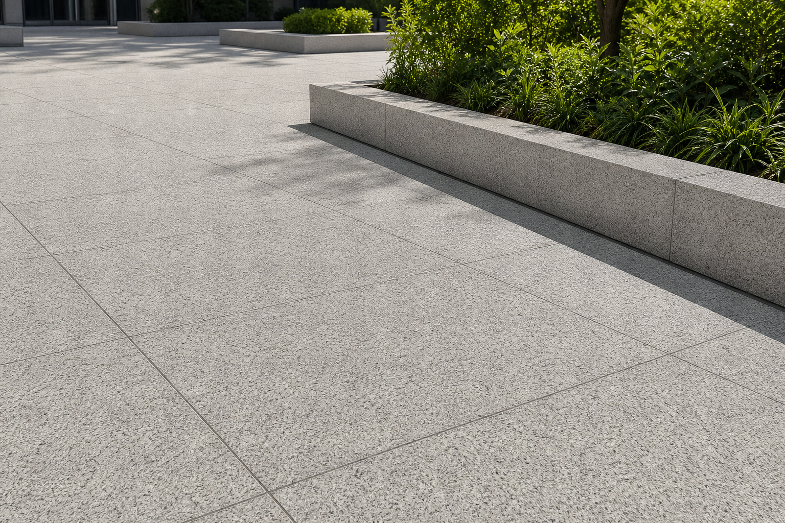 Application visualisation — Flamed Sesame White Natural Granite Paving Stone – Ref. 22722; original product photo and approved sample control
