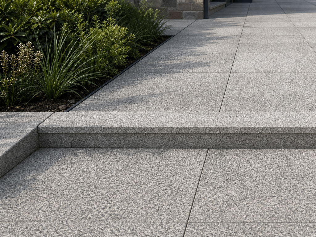 Application visualisation — Flamed Sesame Grey Natural Granite Paving Stone – Ref. 22728; original product photo and approved sample control