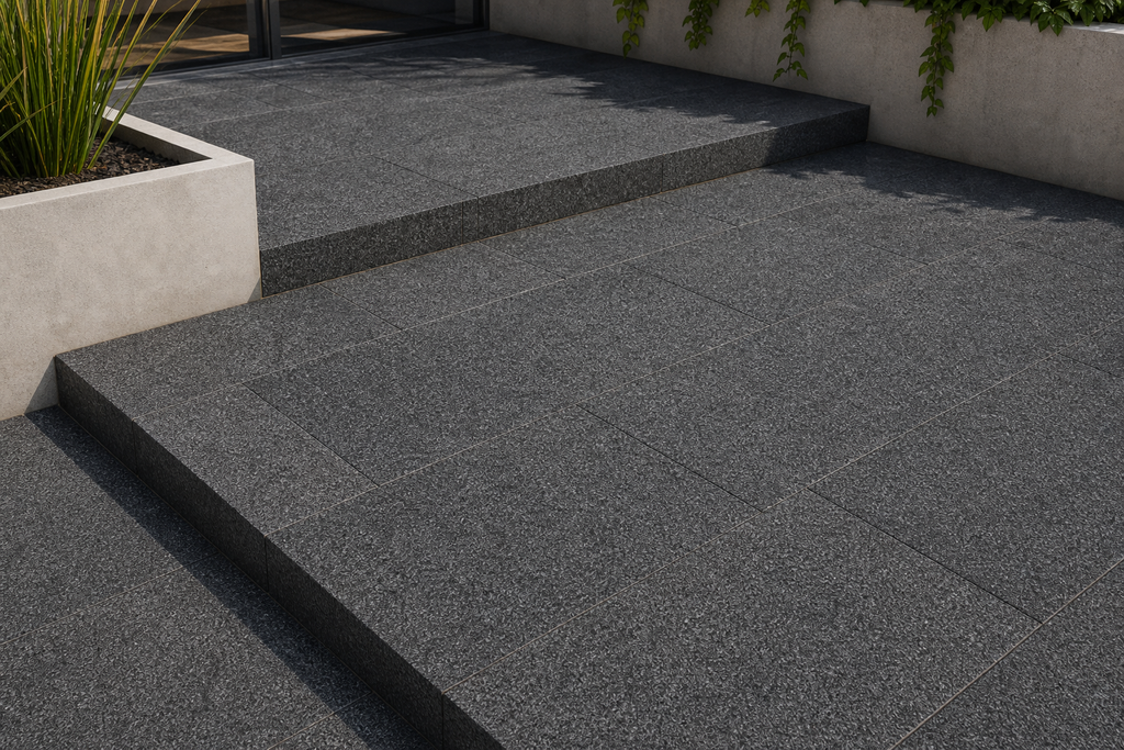 Application visualisation — Flamed Sesame Black Natural Granite Paving Stone; original product photo and approved sample control