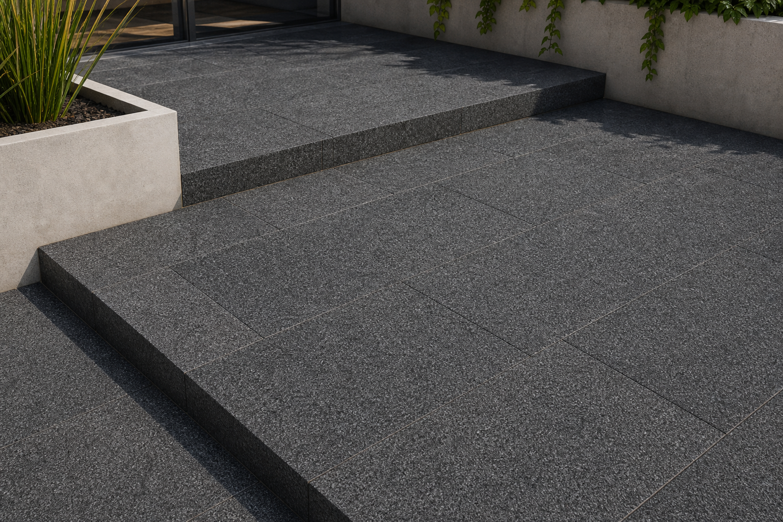 Application visualisation — Flamed Sesame Black Natural Granite Paving Stone; original product photo and approved sample control