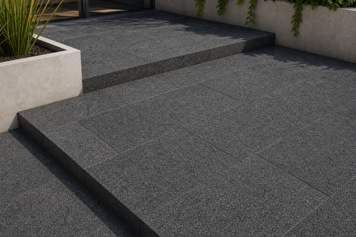 Application visualisation — Flamed Sesame Black Natural Granite Paving Stone; original product photo and approved sample control
