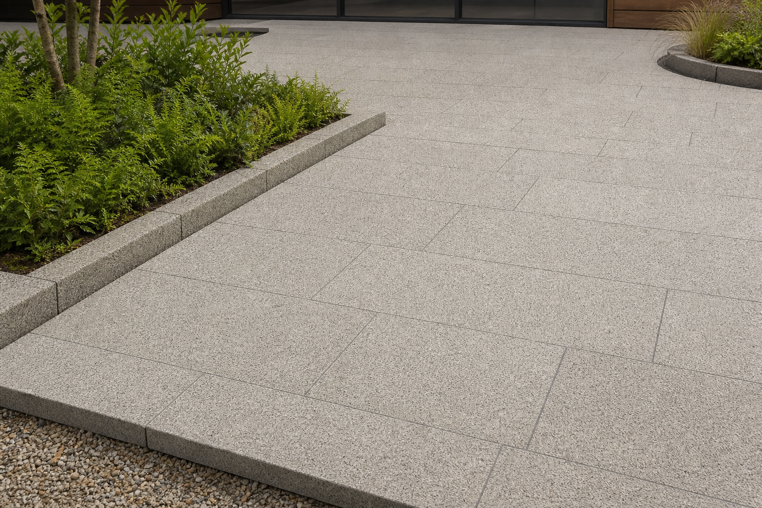 Application visualisation — Flamed Sesame Grey Natural Granite Paving Stone – Ref. 22750; original product photo and approved sample control