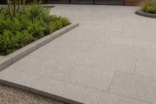 Application visualisation — Flamed Sesame Grey Natural Granite Paving Stone – Ref. 22750; original product photo and approved sample control