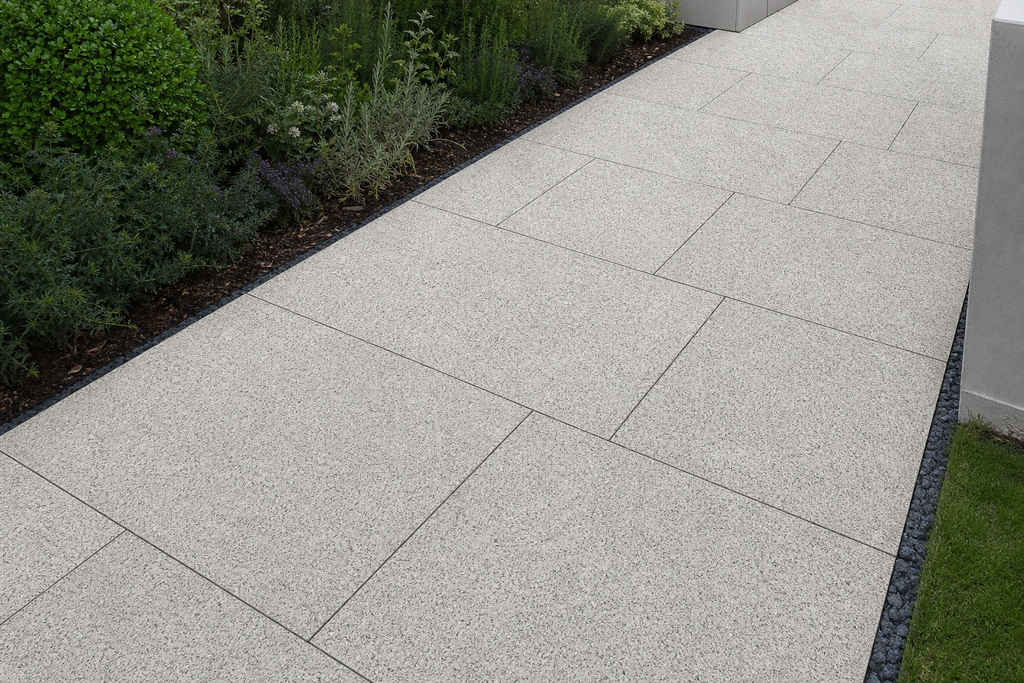 Application visualisation — Flamed Sesame White Natural Granite Paving Stone – Ref. 22759; original product photo and approved sample control