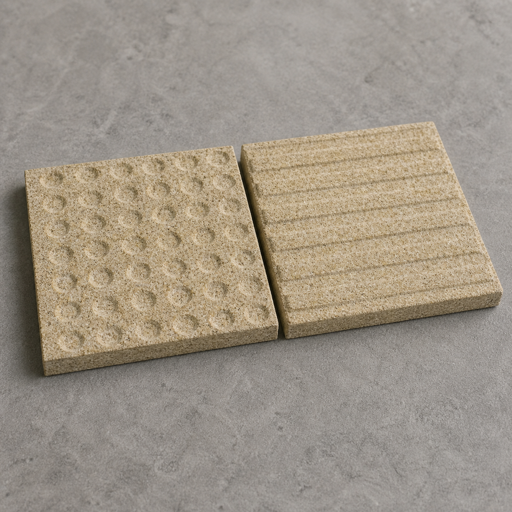 Application visualisation — Golden Yellow Natural Granite Tactile Paving Samples – Stud and Bar; original product photo and approved sample control