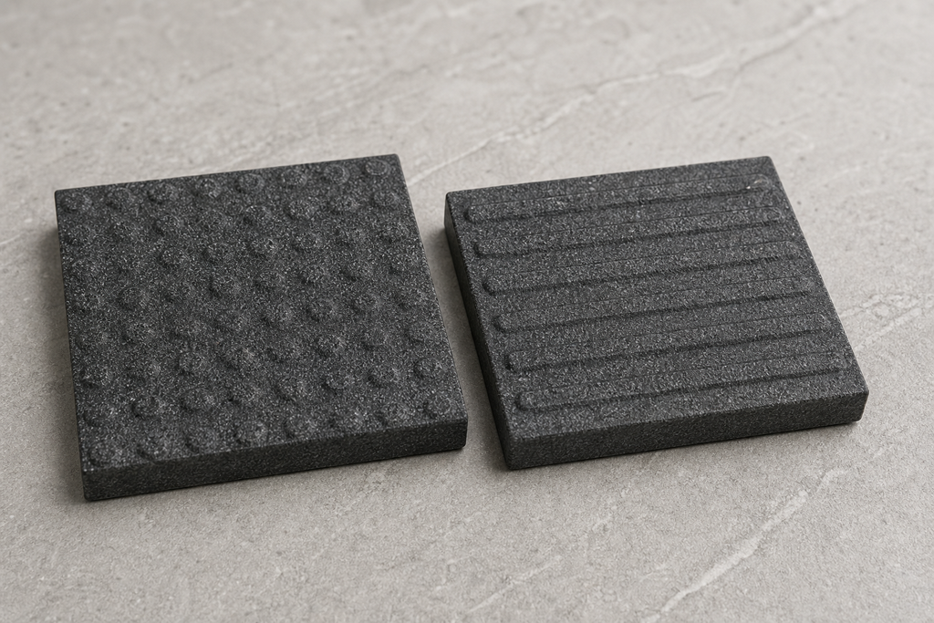 Application visualisation — Sesame Black Natural Granite Tactile Paving Samples – Stud and Bar; original product photo and approved sample control
