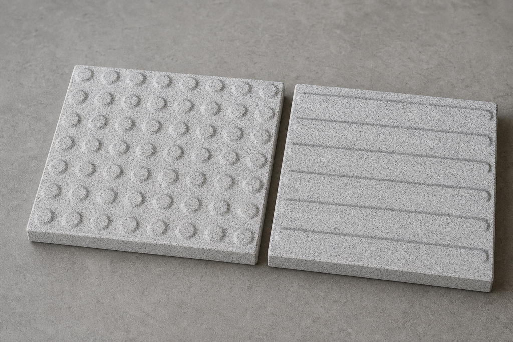 Application visualisation — Sesame White Natural Granite Tactile Paving Samples – Stud and Bar; original product photo and approved sample control