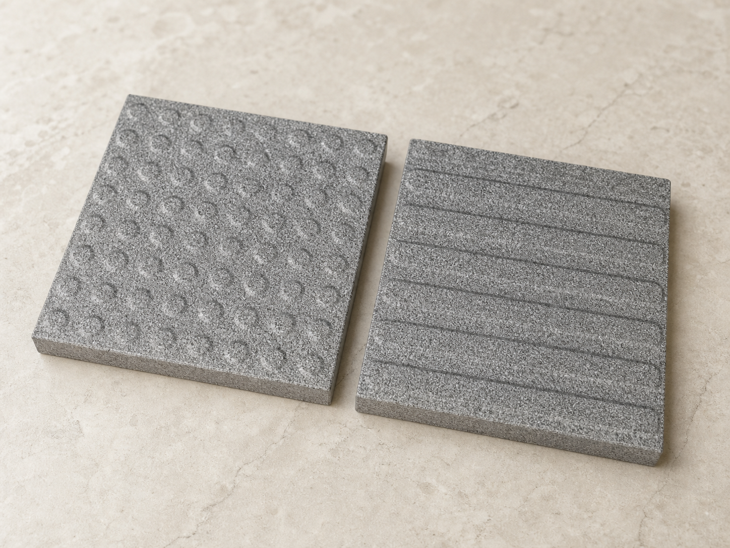 Application visualisation — Sesame Grey Natural Granite Tactile Paving Samples – Stud and Bar; original product photo and approved sample control
