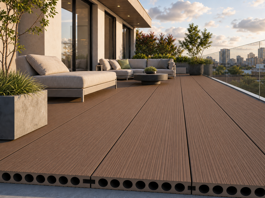 Application visualisation — Reversible Hollow-Core WPC Decking Board – Six-Round-Channel Profile; original product photo and approved sample control