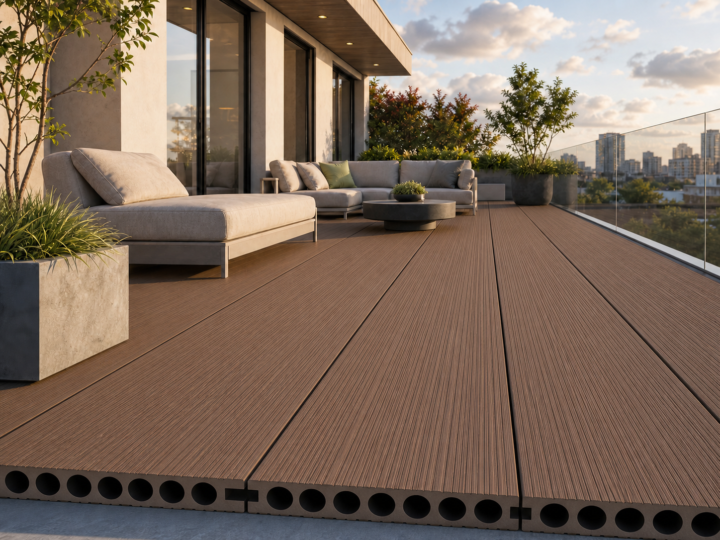 Application visualisation — Reversible Hollow-Core WPC Decking Board – Six-Round-Channel Profile; original product photo and approved sample control