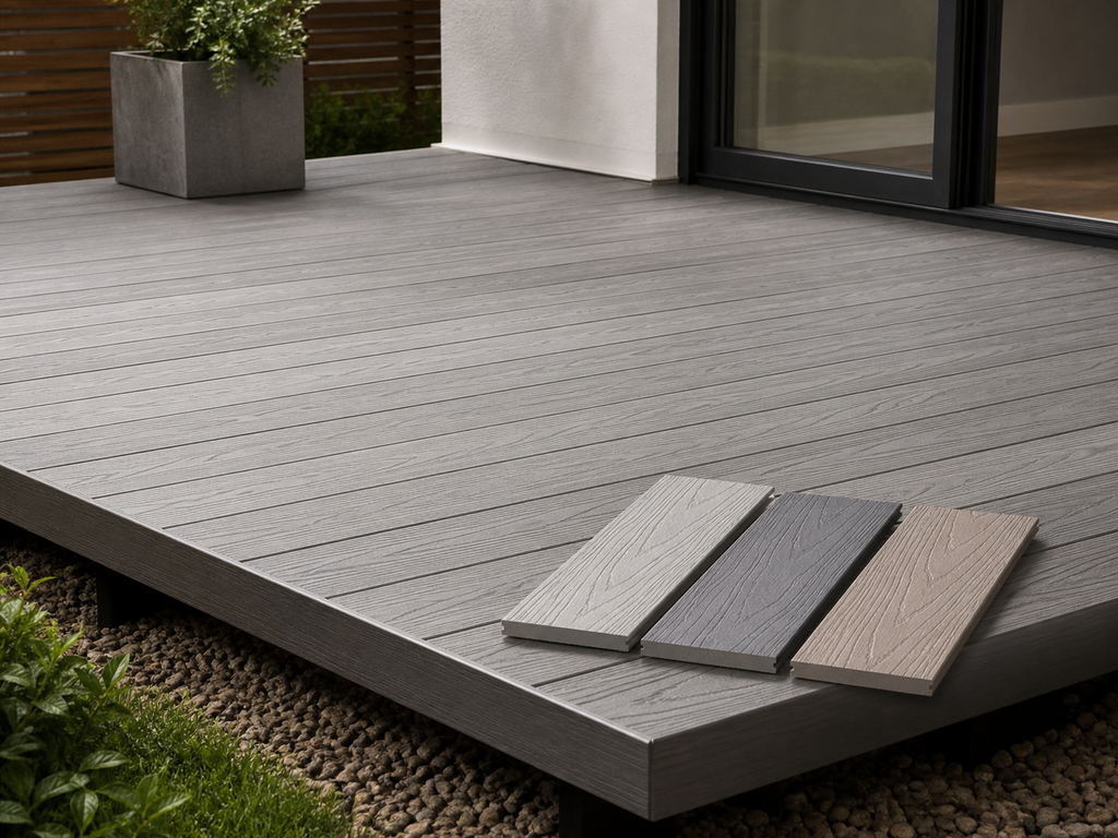 Application visualisation — Wood-Grain WPC Decking Board – Multi-Colour Range; original product photo and approved sample control