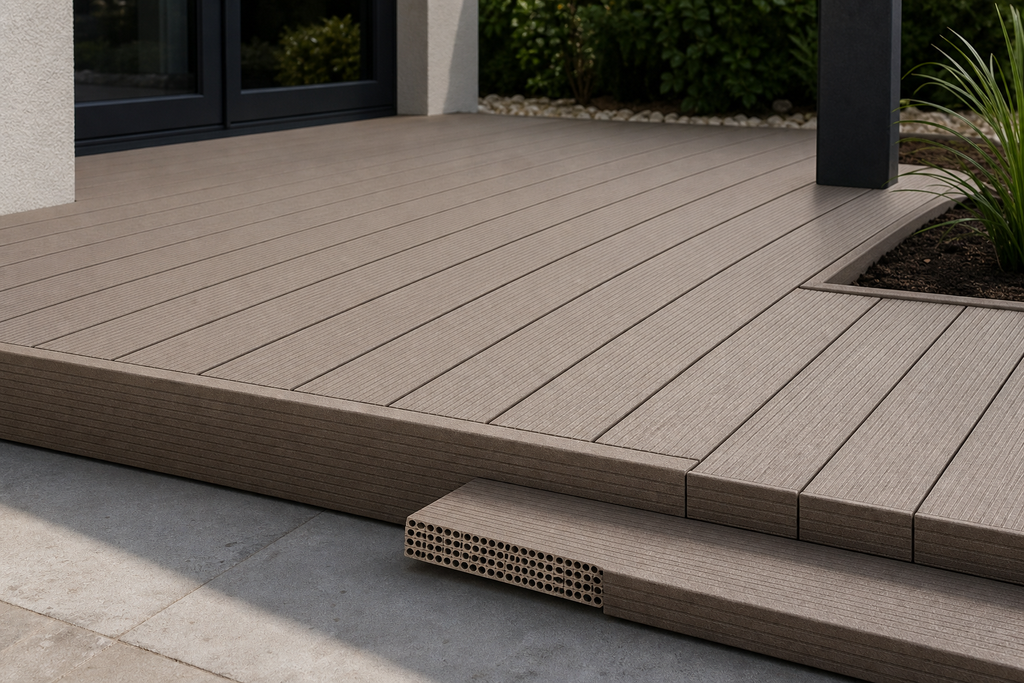Application visualisation — Hollow-Core WPC Decking Board – Fine-Groove Surface; original product photo and approved sample control
