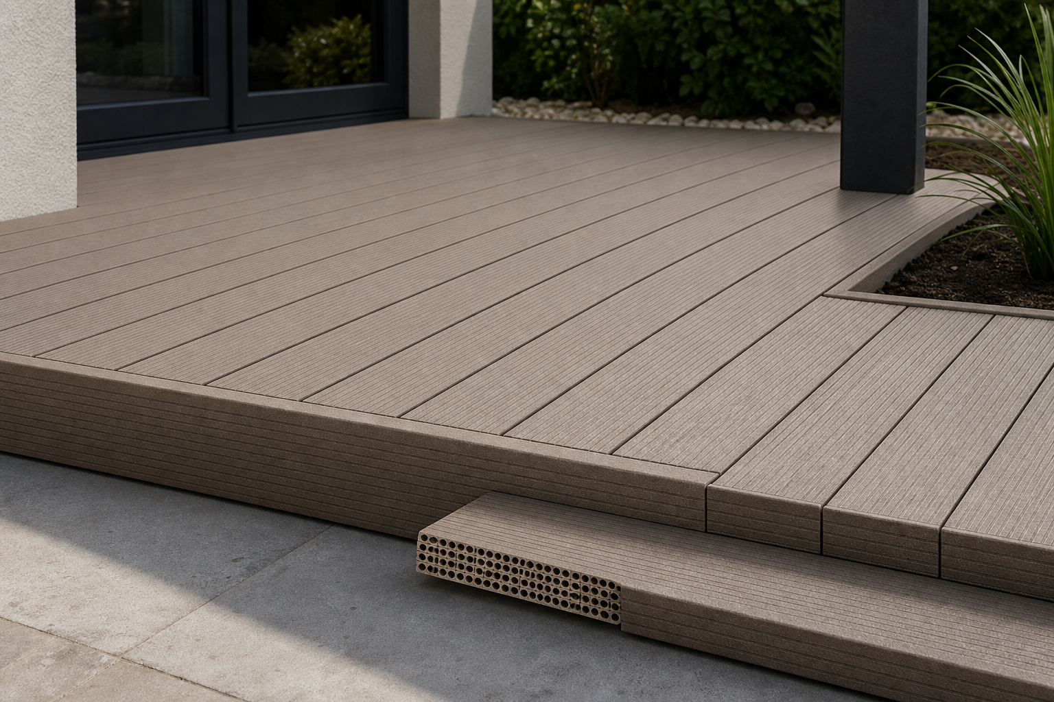 Application visualisation — Hollow-Core WPC Decking Board – Fine-Groove Surface; original product photo and approved sample control