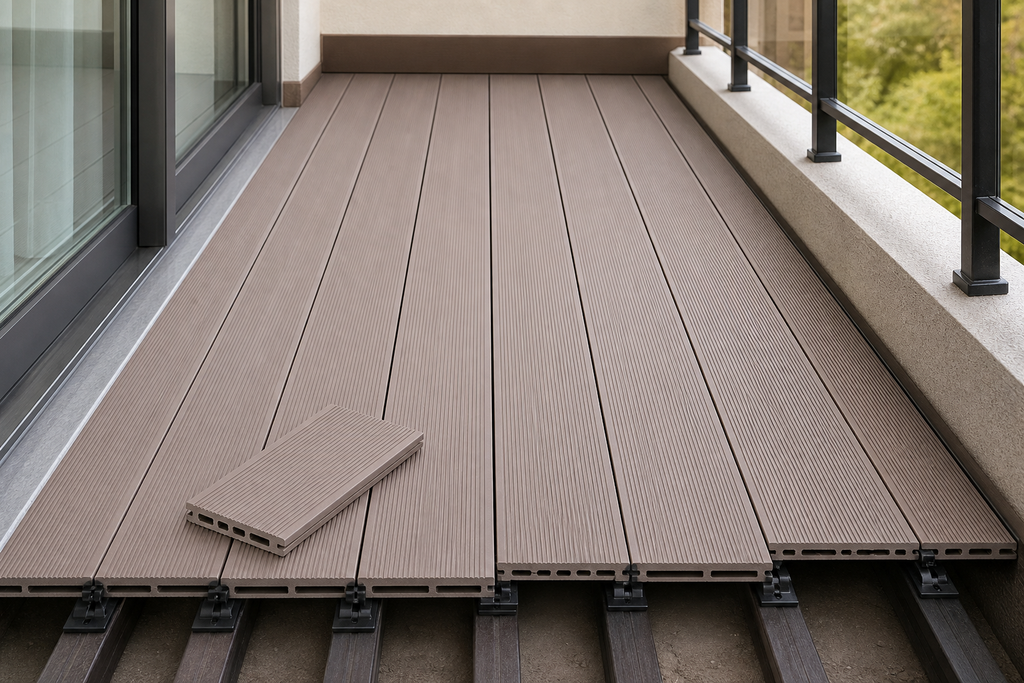 Application visualisation — Fine-Grooved WPC Decking Board – Slim Profile; original product photo and approved sample control